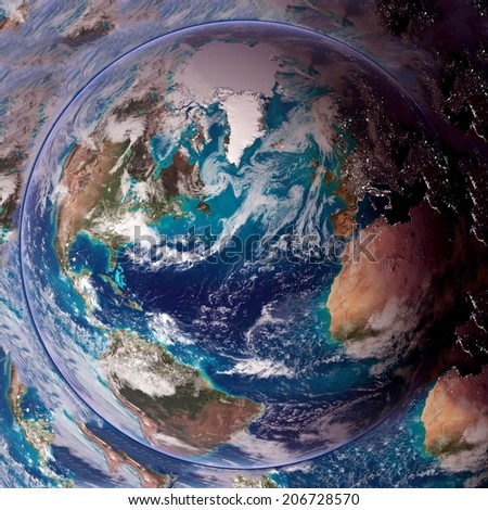 Unusual button Earth day planet ocean background. Elements of this image furnished by NASA.