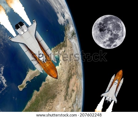 Space shuttle rocket launch Earth spaceship background. Elements of this image furnished by NASA.