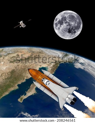 Space shuttle rocket launch Earth spaceship background. Elements of this image furnished by NASA.