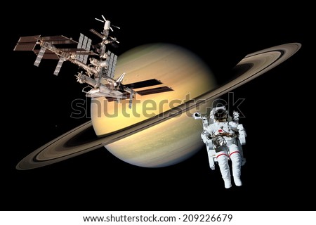 Space astronaut planet spaceship Saturn exploration. Elements of this image furnished by NASA.