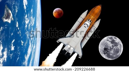 Space shuttle rocket launch moon planet spaceship background. Elements of this image furnished by NASA.