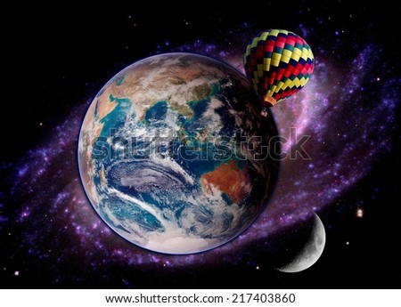 Hot air balloon Earth moon fairy tale space fantasy. Elements of this image furnished by NASA.