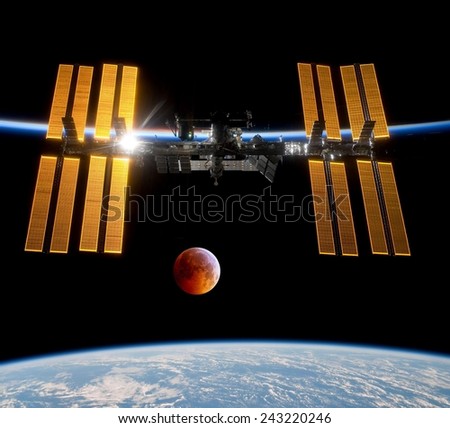 ISS international space station satellite Earth moon. Elements of this image furnished by NASA.