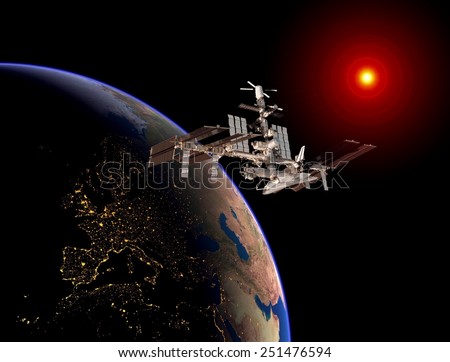 Satellite space station Europe space sun earth. Elements of this image furnished by NASA.
