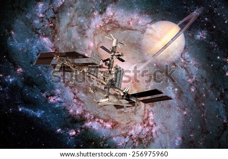 Satellite space station spaceship spacecraft milky way planet. Elements of this image furnished by NASA.