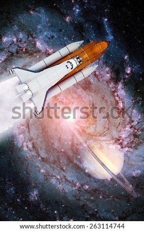 Space shuttle rocket launch spaceship spacecraft galaxy planet. Elements of this image furnished by NASA.