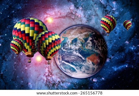 Hot air balloon Earth surreal landscape fantasy magic utopia. Elements of this image furnished by NASA.