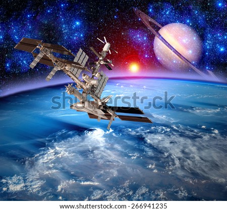 Earth space station spaceship world alien landscape saturn planet. Elements of this image furnished by NASA.