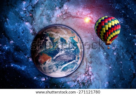 Hot air balloon Earth surreal landscape fantasy magic fairy tale. Elements of this image furnished by NASA.