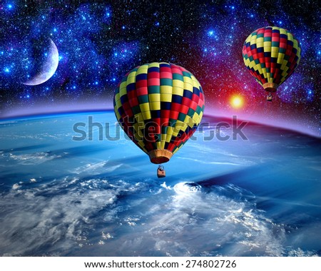 Hot air balloon fairy tale landscape fantasy moon earth. Elements of this image furnished by NASA.