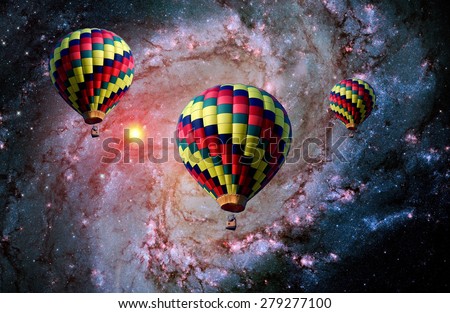 Hot air balloon surreal landscape magical fantasy fairy tale. Elements of this image furnished by NASA.