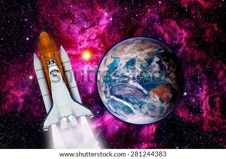 Outer space shuttle rocket launch spaceship planet Earth. Elements of this image furnished by NASA.