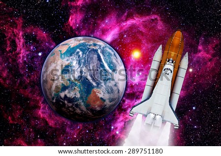 Space shuttle rocket launch spaceship Earth planet. Elements of this image furnished by NASA.