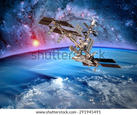 Earth satellite space station spaceship orbit fantasy landscape. Elements of this image furnished by NASA.