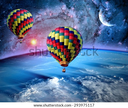 Hot air balloon fairy tale landscape fantasy moon earth sun. Elements of this image furnished by NASA.