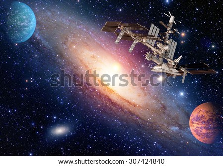 Satellite space station spaceship spacecraft outer planet galaxy universe. Elements of this image furnished by NASA.