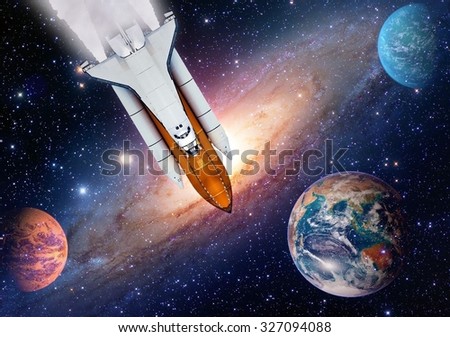 Outer space travel shuttle rocket launch spaceship spacecraft planet earth. Elements of this image furnished by NASA.