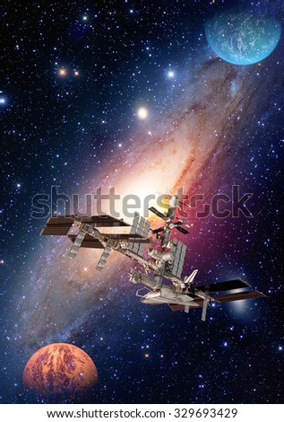 Satellite solar system space station spaceship planet interstellar galaxy. Elements of this image furnished by NASA.