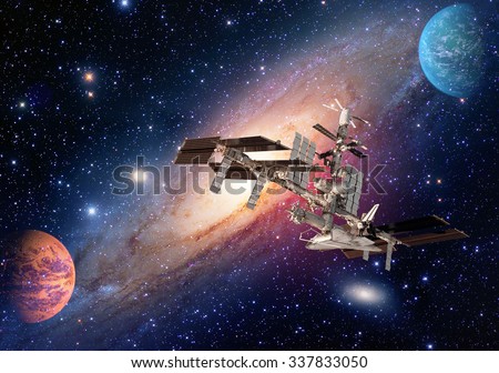Satellite solar system space shuttle station spaceship planet interstellar galaxy. Elements of this image furnished by NASA.