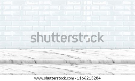 Empty setp marble marble table top with white ceramic tile wall background,Mock up banner ads for display of product or your design,Luxury modern theme