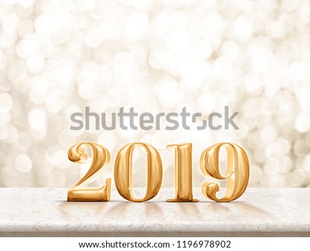 Happy new year 2019 gold glossy (3d rendering ) on marble table with sparkling gold bokeh wall,banner for display or montage of product for holiday promotion and advertise for online content.