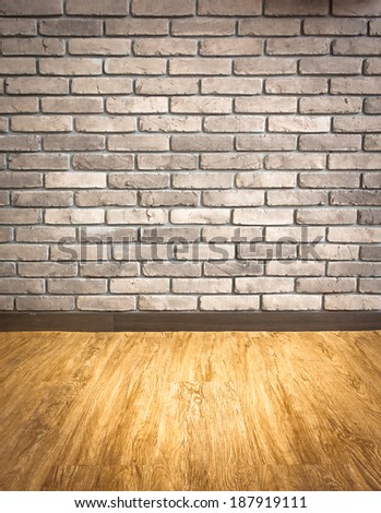Empty interior perspective with grunge brick wall and wood parquet