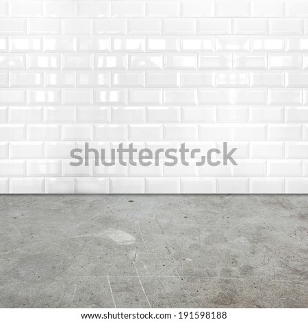 Room perspective,white ceramic tile wall and cement ground