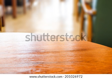 wooden circle table top and blur cafe background