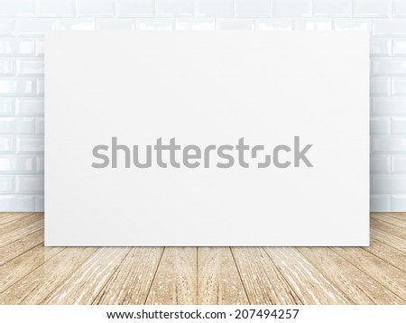 Poster frame at Tiles ceramic room wall with wooden plank floor