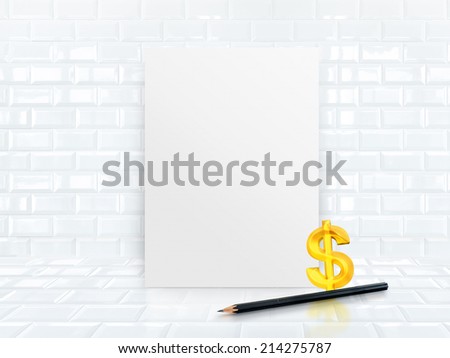 Paper poster frame at tiles ceramic wall and floor with black sketch pencil and dollar sign ,Mock up to fill your content,Business presentation