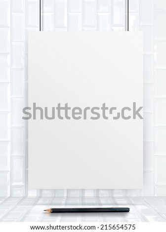 Hanging paper poster frame with black pencil at ceramic tiles wall and floor,Mock up for add your content,business presentation template