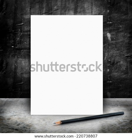 Blank White poster with black pencil in a glossy concrete floor and black grunge cement wall,Templates mock up for adding your content