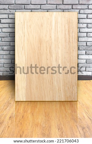 Wood frame at Empty interior perspective with brick wall and wood parquet.,Mock up template for your content