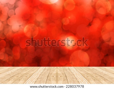 Empty perspective room with red sparkling bokeh wall and wooden plank floor,Template mock up for display of your product