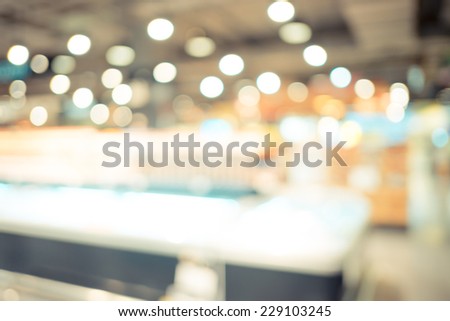 Blurred background : Vintage filter Supermarket store blur background with bokeh