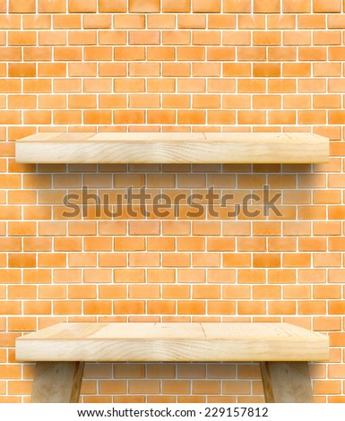 Empty Wooden Table top and shelf at orange bricks wall,Template mock up for display of your product