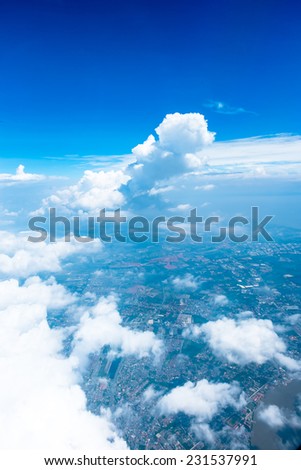 Aerial view landscape of  Bangkok city in Thailand with cloud and nice blue sky