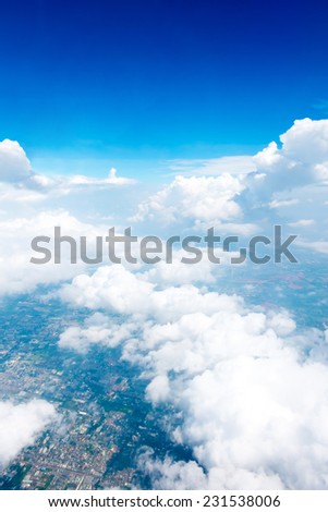 Aerial view landscape of  Bangkok city in Thailand with cloud and nice blue sky