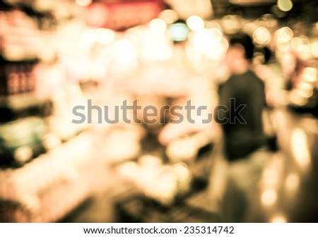 Blurred background : vintage filter Supermarket store blur background with bokeh