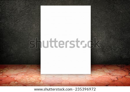 Empty room with blank white poster at black stone wall and vintage pattern brick floor,Template Mock up for display of your content