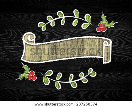 Blank vintage ribbon round banner in doodle style on black wooden background,Template mock up for adding your content