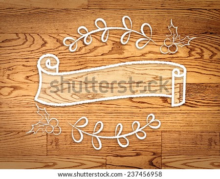 Blank vintage ribbon round banner in doodle style on wooden background,Template mock up for adding your content