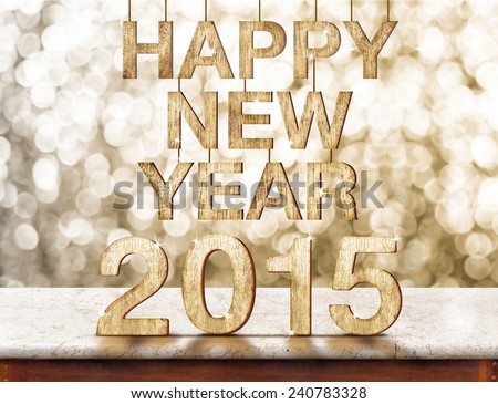 Happy New Year 2015 wood texture on marble table with sparkling bokeh wall,Holiday concept