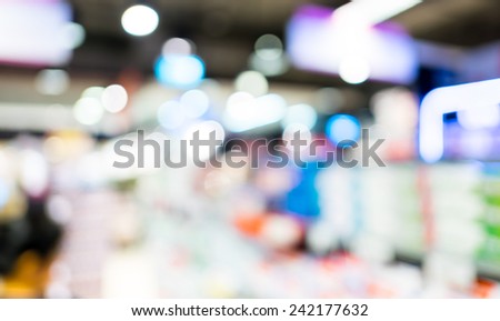 Blurred background supermarket store and product shelf with bokeh light.