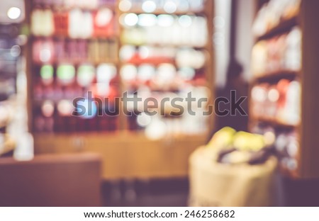 Blurred background : Vintage filter ,Product shelf in Coffee shop blur background with bokeh