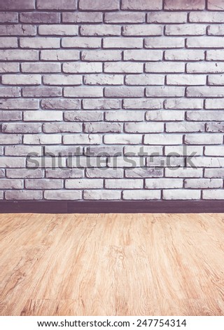 Vintage filter: Empty interior perspective with grey brick wall and wood parquet