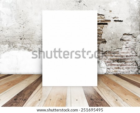 White Blank Poster in crack brick wall and tropical wooden floor room,Template Mock up for your content