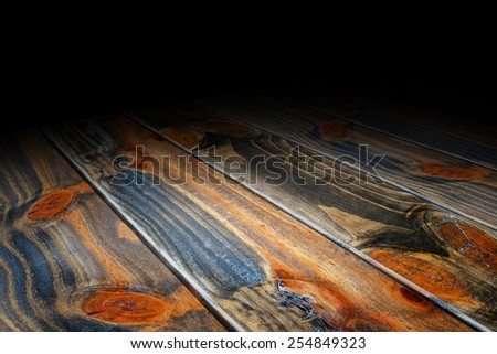 Perspective Plank tropical wooden floor fade to black background, Template Mock up for display of product