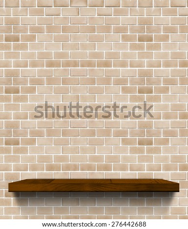 Dark brown Wooden shelf on regular light orange brick wall,Template mock up for display of product,Business presentation