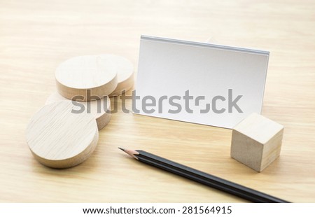 Blank Business card Mock up with blank wooden round piece and pencil, Business corporate identity presentation, Clipping path on business card